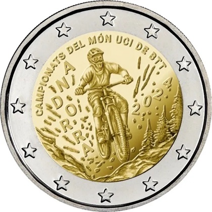 2 € euro commémorative 2024 Principauté d'Andorre pour les Championnats du monde de VTT Andorre 2024