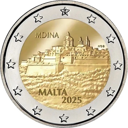 2 euro commémorative 2025 Malte dédiée à Mdina, dans la série des Villes maltaises fortifiées