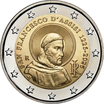 2 euro commémorative 2026 Italie pour le 800e anniversaire de la mort de saint François d'Assise.