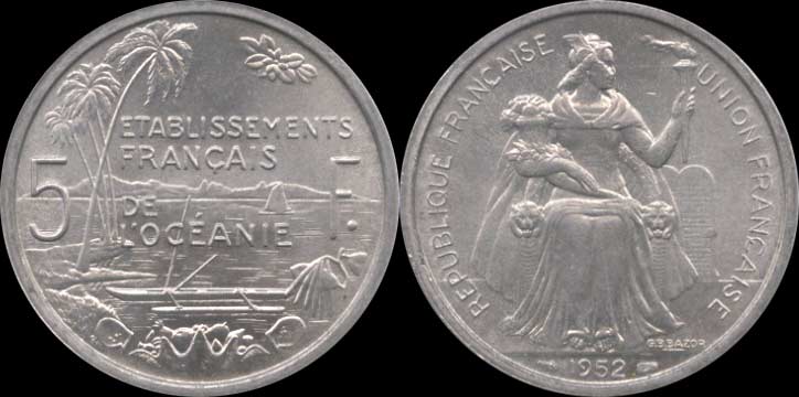 5 francs 1952 établissement français de l'océanie