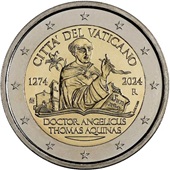 2 € euro commémorative 2024 Vatican pour le 750e anniversaire de la mort de Thomas d'Aquin.