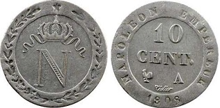 10 centimes Napoléon Empereur 1808, 1809 et 1810 à l'N couronné