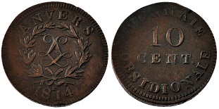 10 centimes 1814 siège d'Anvers Louis XVIII, monnaie obsidionale