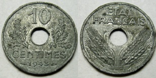 10 centimes 1943 et 1944 état français petit module