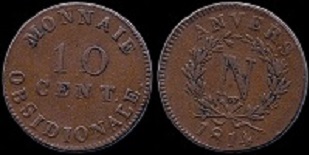 10 centimes 1814 siège d'Anvers Napoléon 1er, monnaie obsidionale