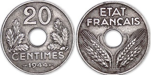 20 centimes 1944 Etat Français fer
