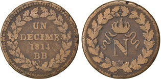 Un décime 1814 et 1815 blocus de Strasbourg Napoléon 1er