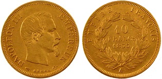 10 francs or Napoléon III 1854 et 1855 tête sans les lauriers petit module