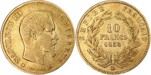 10 francs or Napoléon III 1855-1860 tête sans les lauriers