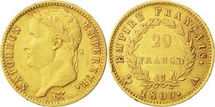 20 francs or Napoléon tête laurée au revers Empire 1809-1814