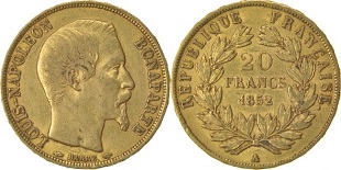 20 francs or 1852 Louis Napoléon Bonaparte