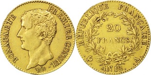 20 francs or Bonaparte Premier Consul tête nue An XI et An 12