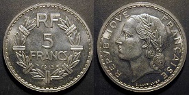 5 francs Lavrillier nickel 1933-1939