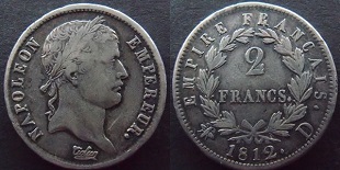 2 francs Napoléon Empereur revers Empire 1809-1814