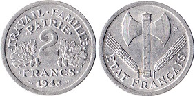 Pièce 2 francs 1943 et 1944 bazor, état français