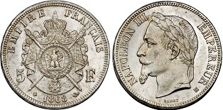 Pièce 5 francs argent Napoléon III tête laurée, cotation