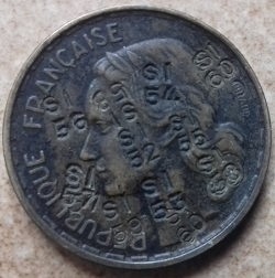 50 francs 1952 Guiraud, avec des chiffres frappés, contremarques, surfrappes, essai